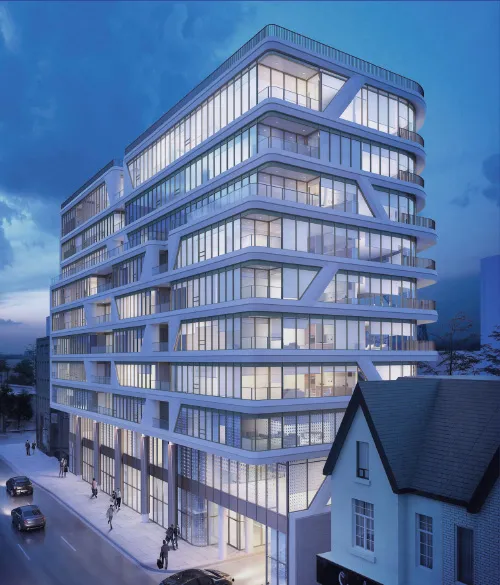 Architectural rendering of a modern glass condominium tower at dusk beside a historic house