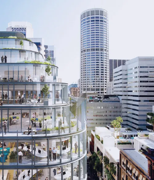 Architectural rendering of a glass-walled office building overlooking a city by day